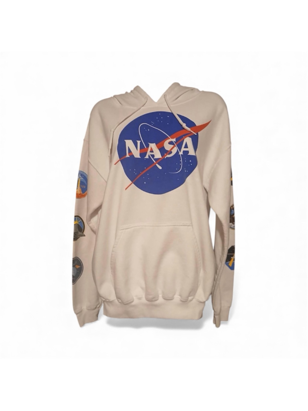 NASA Mission Patch Hoodie Cream Graphic Pullover Unisex M JC131
